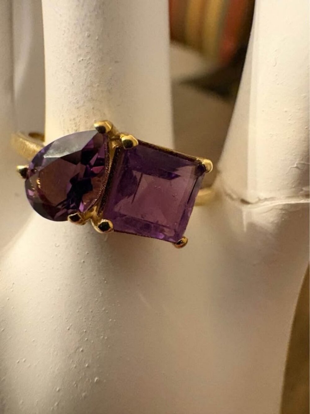 NEW 925 Sterling Silver Amethyst 1.58ct Two Stone Ring Gold Tone Size 8
